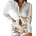 _ Spring Fashion Leisure Suit Solid Color Long Sleeve Lapel Shirt Printed Shorts Belt 3-piece Set Women Suit Three Piece Set