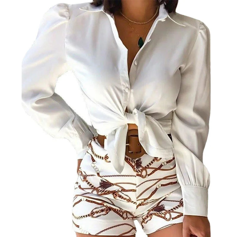 _ Spring Fashion Leisure Suit Solid Color Long Sleeve Lapel Shirt Printed Shorts Belt 3-piece Set Women Suit Three Piece Set