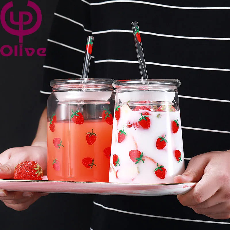 Olive High Borosilicate Glass Water Cup Hand Blown Dishwasher Microwave Safe Large Capacity Portable Juice Straw Lid Insulated