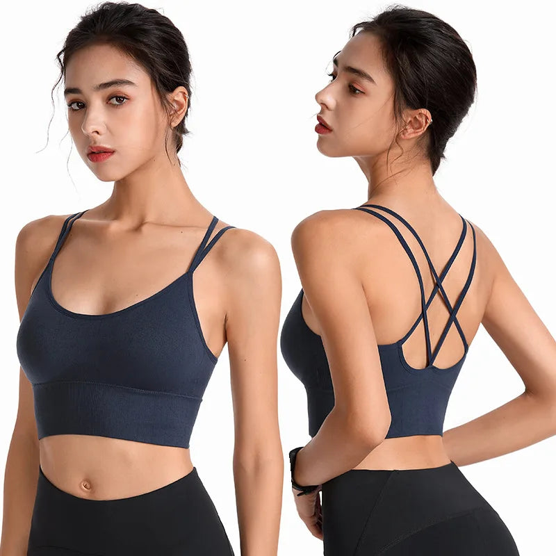 Custom Solid Female Shockproof Women Active Tank Top Fitness & Yoga Wear Cross Straps Sportswear Seamless Sport Bra Crop Top