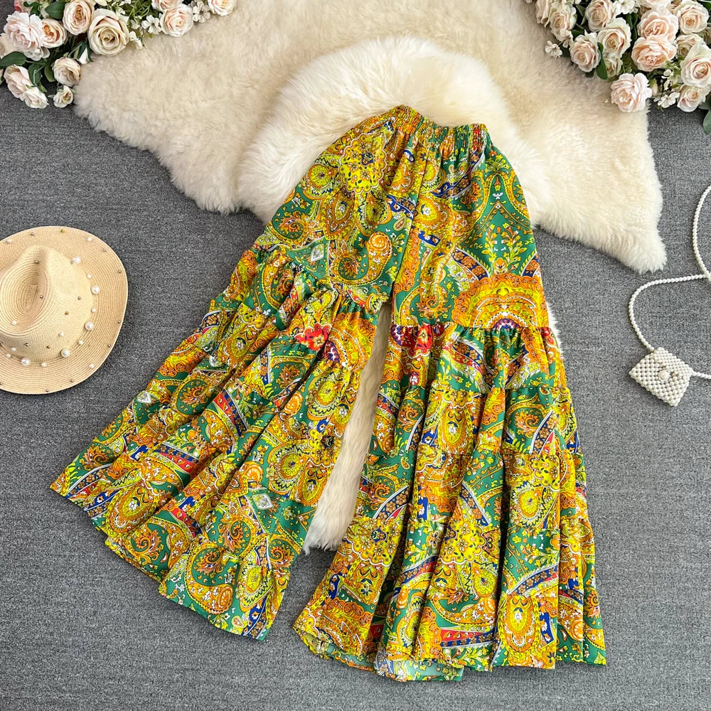 Summer Casual Wide Leg Long Pants Women Print Printed High Elastic Waist Trousers Girls Outdoor Pants Wholesale