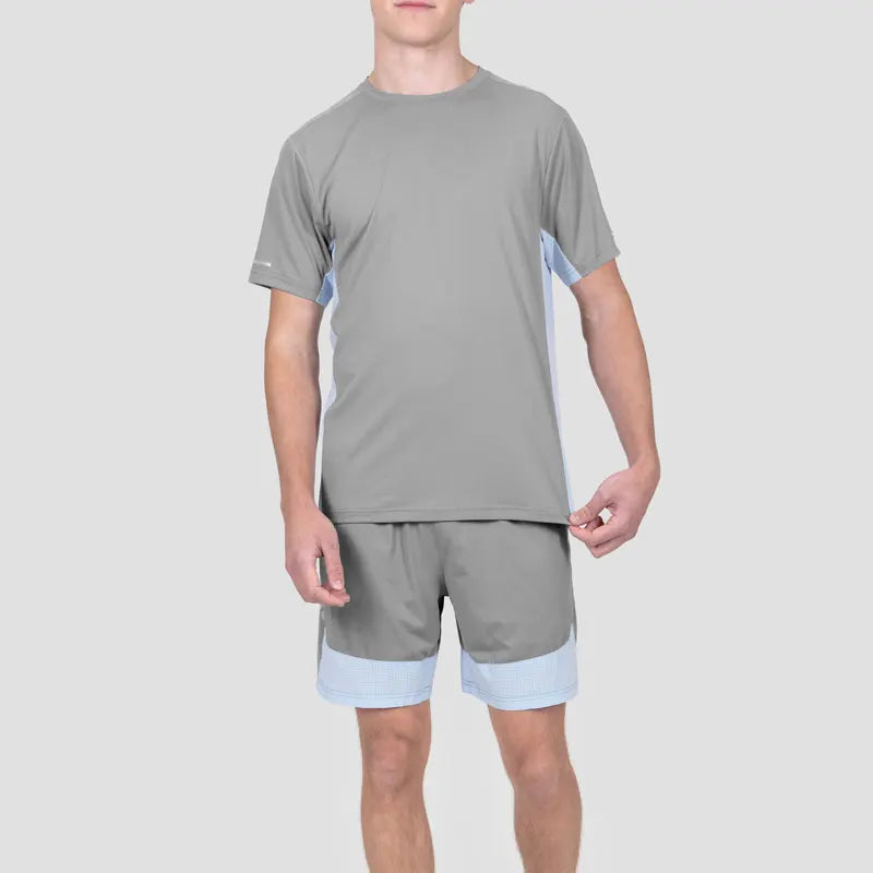 Custom Logo Lightweight Breathable Contrast Fabric Twinset Reflective Pocket Outdoor Men T Shirt and Shorts 2 Pieces Set