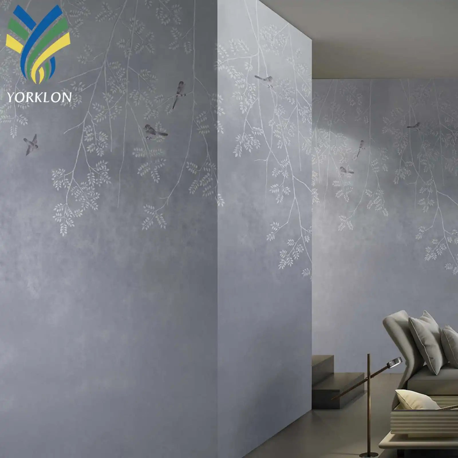 YKEAX 321 Modern Minimalist Grey Flowers and Birds 3D Printed Mural Wallpaper Waterproof and Moisture-Proof for Decorative Use
