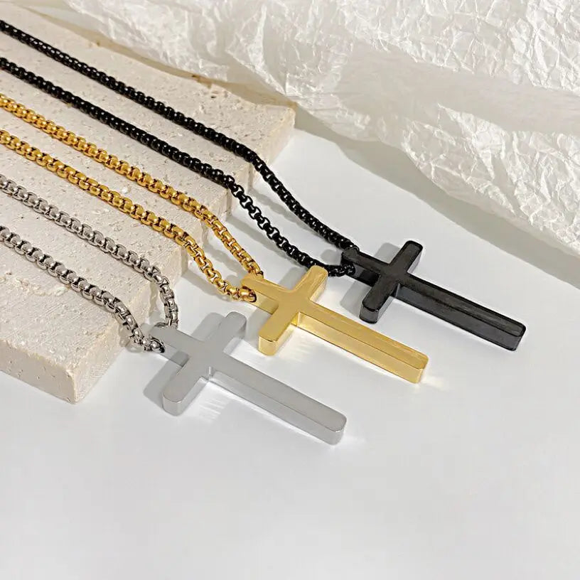 Wholesale Custom Stainless Steel Fashion Cross Jewelry 18k Gold Plated Plain Cross bar Pendant Hip Hop Vintage Men Necklace