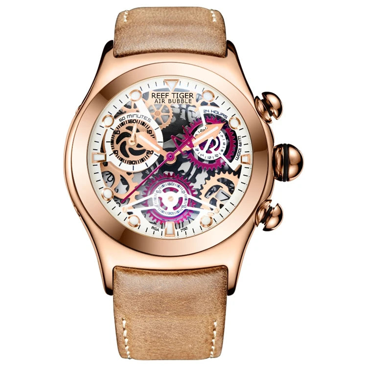 REEF TIGER RGA792 Chronograph Sport Watches for Men Skeleton Dial with Date Three Counters Luminous Rose Gold Unique Watches