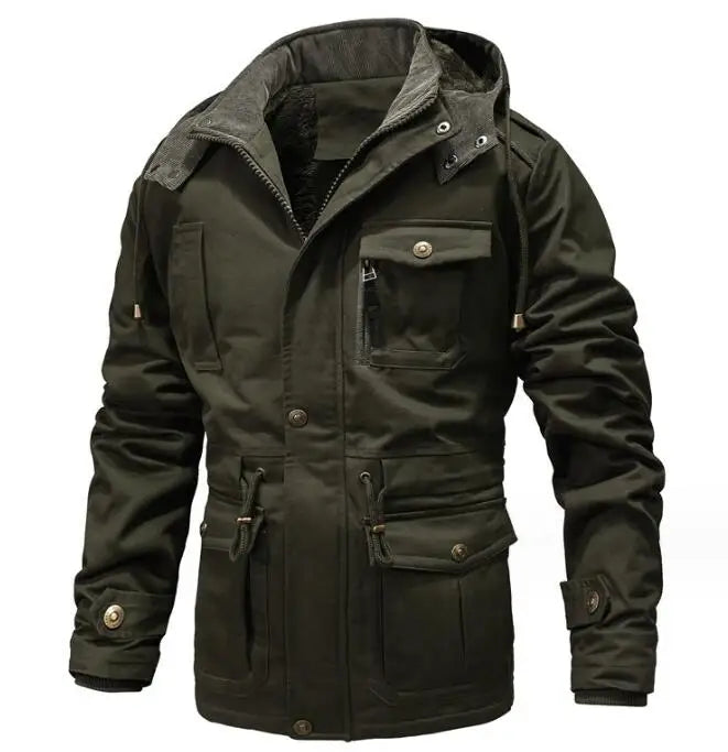 Men's Casual Mid Length Coat Cotton Men's Windbreaker Washed Fleece Thick Parka Jacket