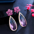 New Trendy Long Big Dangle Drop Red Pink CZ Crystal Rose Flower Earrings for Women Luxury Designer Party Jewelry