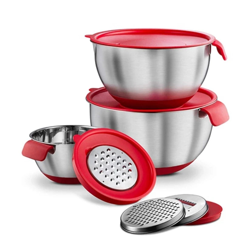 Kitchen Food Storage Nesting Bowls Silicone Bottom Airtight Lids Stainless Steel Salad Mixing Bowl With Handle Slicer