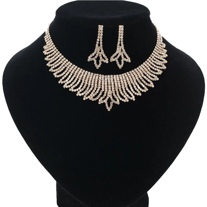 Hot Classic Women's Engagement Wedding Party Anniversary Rhinestone Gold Plated Necklace and Earring Set