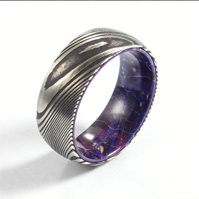 Men's 8mm Damascus Steel Wedding Band Comfort Fit with Blue Purple Box Elder Wood Liner for Engagement and Party for Children