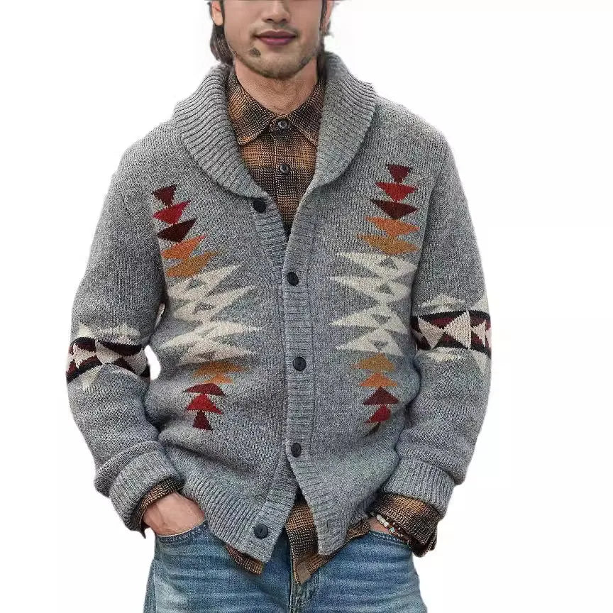 Wholesale Ready to Ship 2025 Autumn Winter Men's Cardigan Western Aztec Style Vintage Knitwear Thick Warm Jumper Sweater