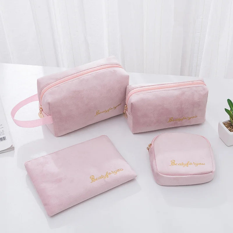 4 Pcs/Set Women's Portable Travel Cosmetic Pouch Soft Velvet Storage Bags for Jewelry Toiletries for Daily Use Vacation Trips