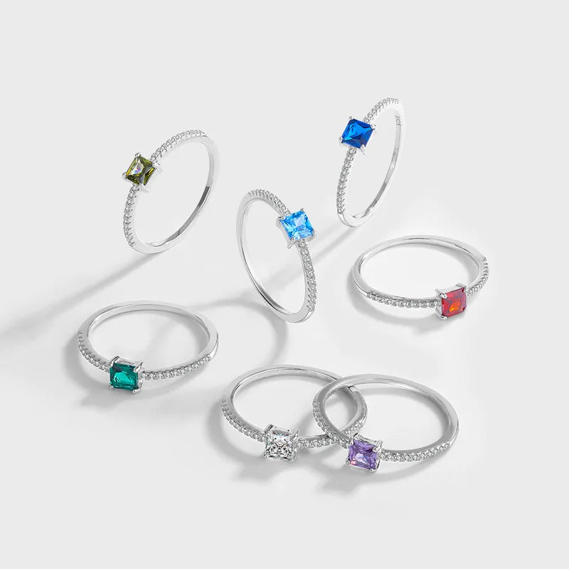 Classics 12 Birthstone Finger Ring 925 Sterling Silver Claw Setting Square Zircon Finger Ring for Women