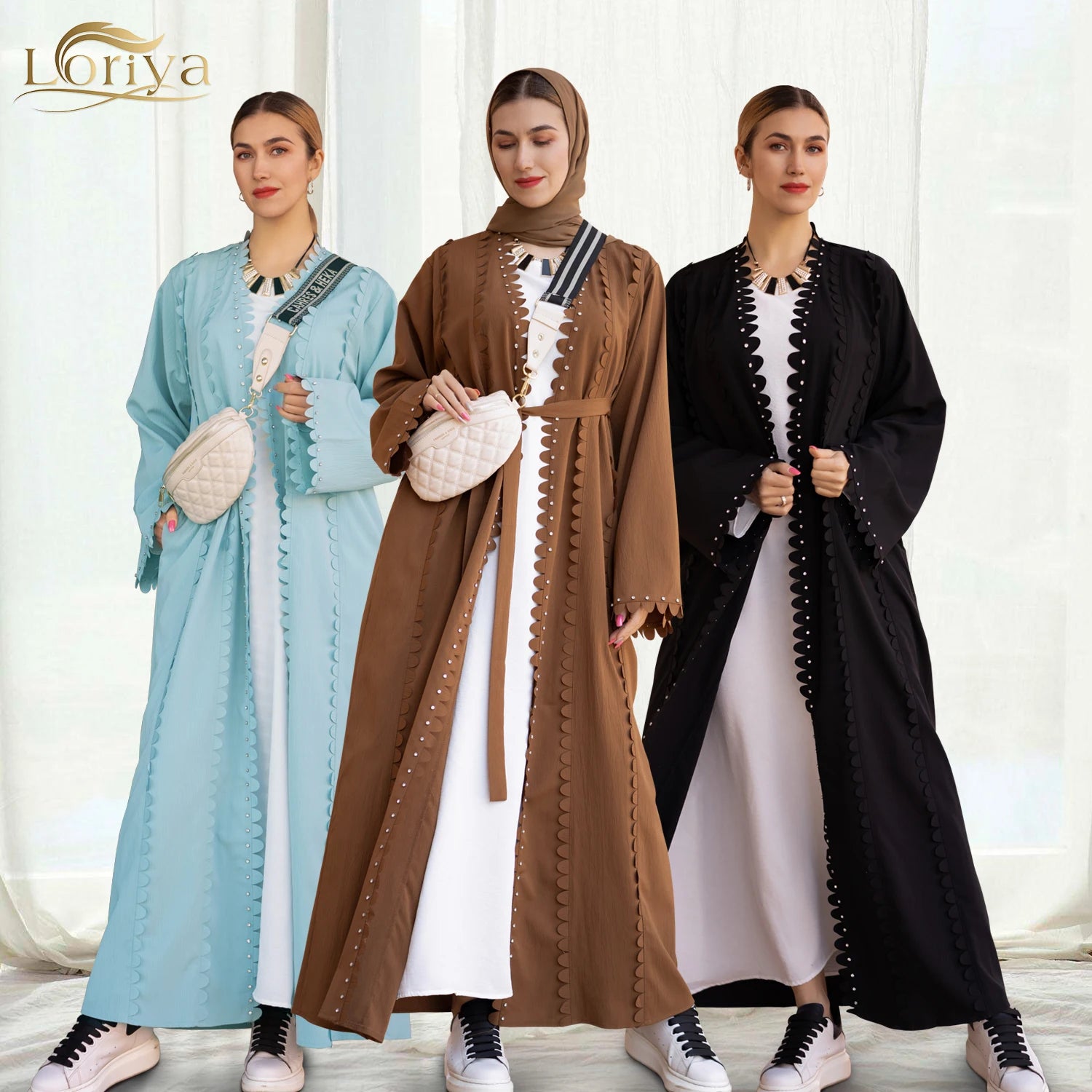 Loriya Fashion Elegant Muslim Abaya Cardigan Dress With Diamonds and Petaloid Decoration Open Abaya for Muslim Women