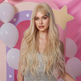 Factory Wholesale Long Light Blonde Curly Wigs With Bangs Highlight Blonde Layered Wavy Synthetic Wig Colored Cosplay Hair