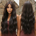 Factory Wholesale Price Dark Brown Long Curly Wavy Synthetic Heat-Resisting Wigs with Bangs Chocolate Brown Wig Water Wave