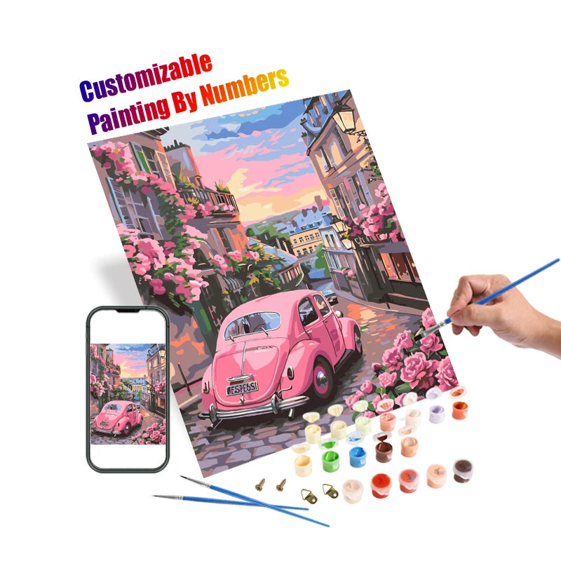 Valentine's Day Diy Custom Painting by Numbers Pink Car Pink Roses Hand-painted on Canvas Painting Kit Home Art Decor