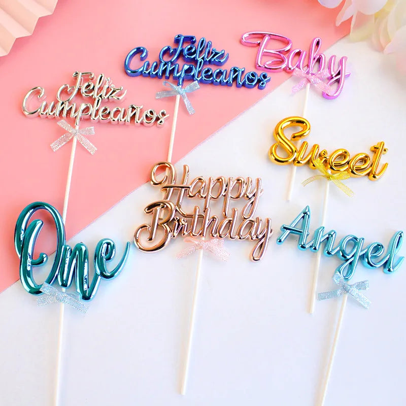 Hot Pink Feliz Cumpleanos Cake Topper Plastic 3d Double Sided Happy Birthday Sign for Cake With Bow Idea for Birthday Cake Decor