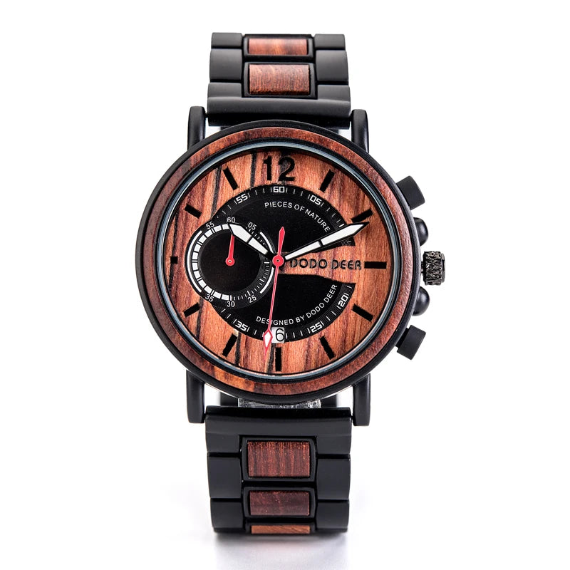 Men's Sport Business Multifunctional Minimalist Stainless Steel Wooden Watch Custom Logo Antique Fashion Japanese Quartz Glass