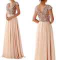 Elegant Champagne Sequin A-Line Bridesmaid Dress Women V Neck Short Sleeve Worsted Party Maxi Evening Gown MegaBDM
