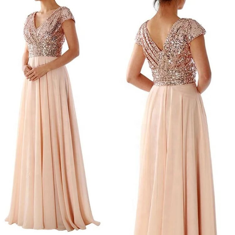 Elegant Champagne Sequin A-Line Bridesmaid Dress Women V Neck Short Sleeve Worsted Party Maxi Evening Gown MegaBDM
