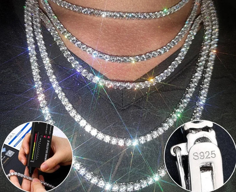 Custom Hip Hop 925 Sterling Silver Ice Out VVS Bling 3mm 4mm 5mm 6 6.5mm Round Moissanite Diamond 925 SIlver Tennis Chain