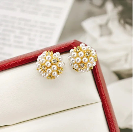 Ilona Women's INS-style Classic Ball Pattern Stud Earrings with Rhinestone and Pearl Inlay Small Exquisite Design