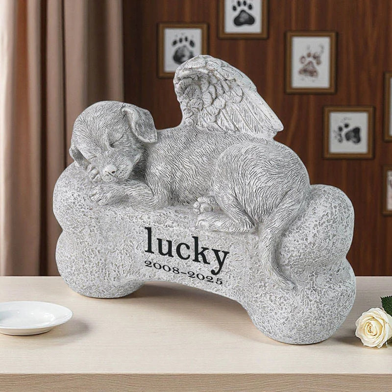 Angel Dog Bone Resin Hand-painted Animal Design Memorial Ornament Inscribed Name/Date Wing Detail Indoor/Outdoor Pet Memorial