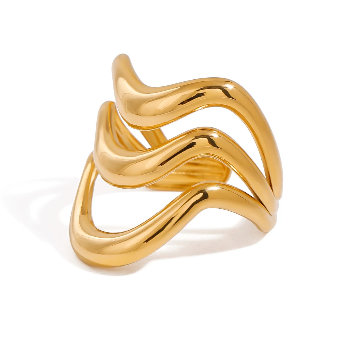 N&S 18K Gold Stainless Steel Adjustable Open Ring Wavy Irregular Hollow Liquid Design Claw Waterproof Fashion Jewelry