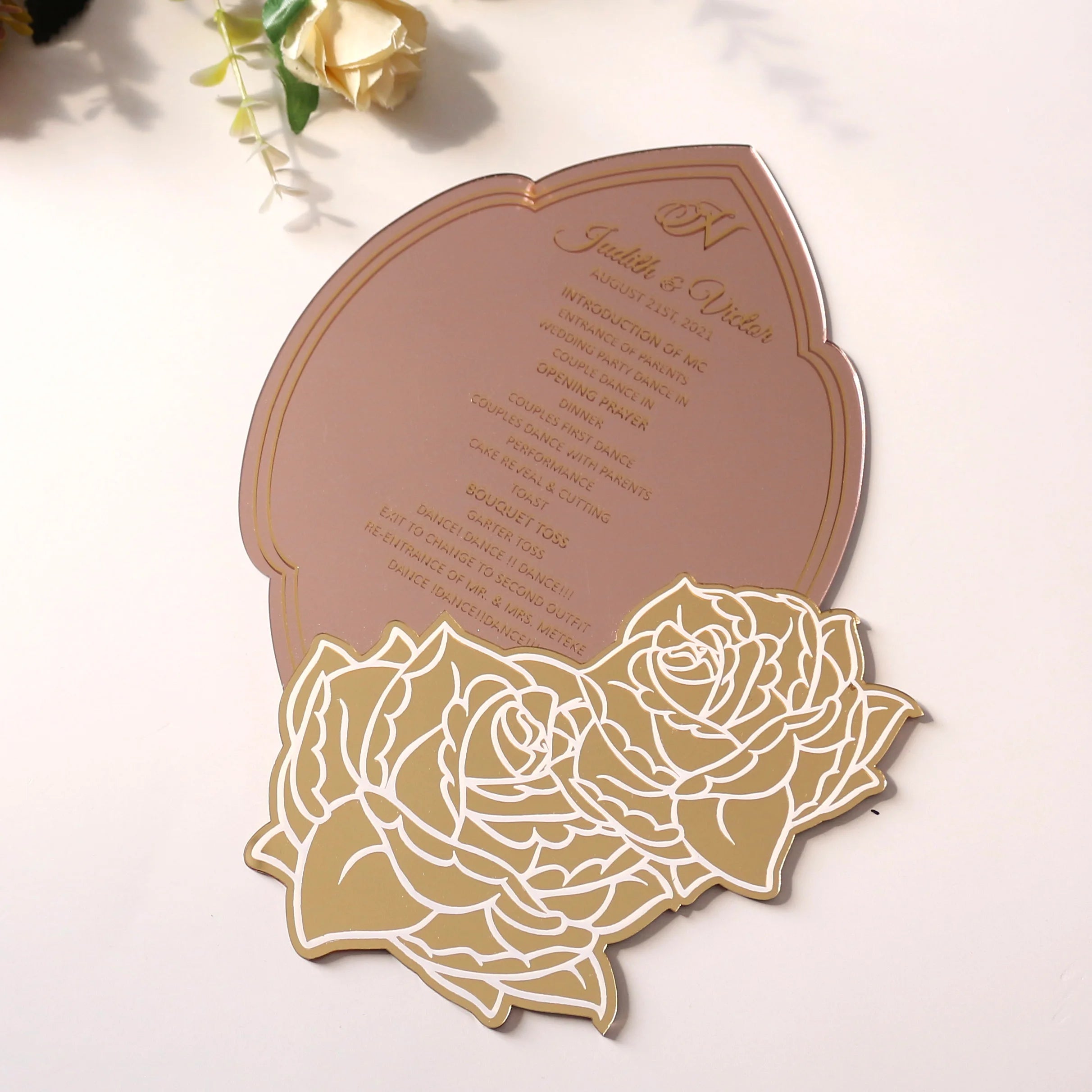 Custom Rose Gold Mirror Acrylic Menu Card Wedding Party Luxury Gold Floral Acrylic Decoration