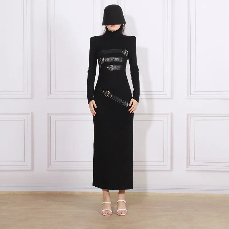 2024 Spring New Fashionable Women's Long-Sleeved Dress with Stand-Up Collar PU Splicing Slim Design Woven Long Skirt with Slit