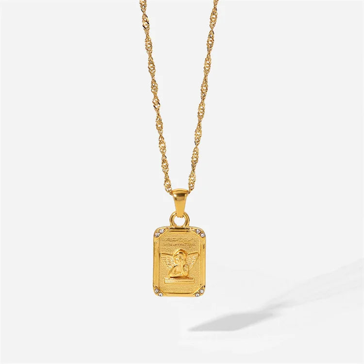 Vintage square Medallion Cameo Angel Pendant 18k Gold Stainless Steel Diamond Necklace