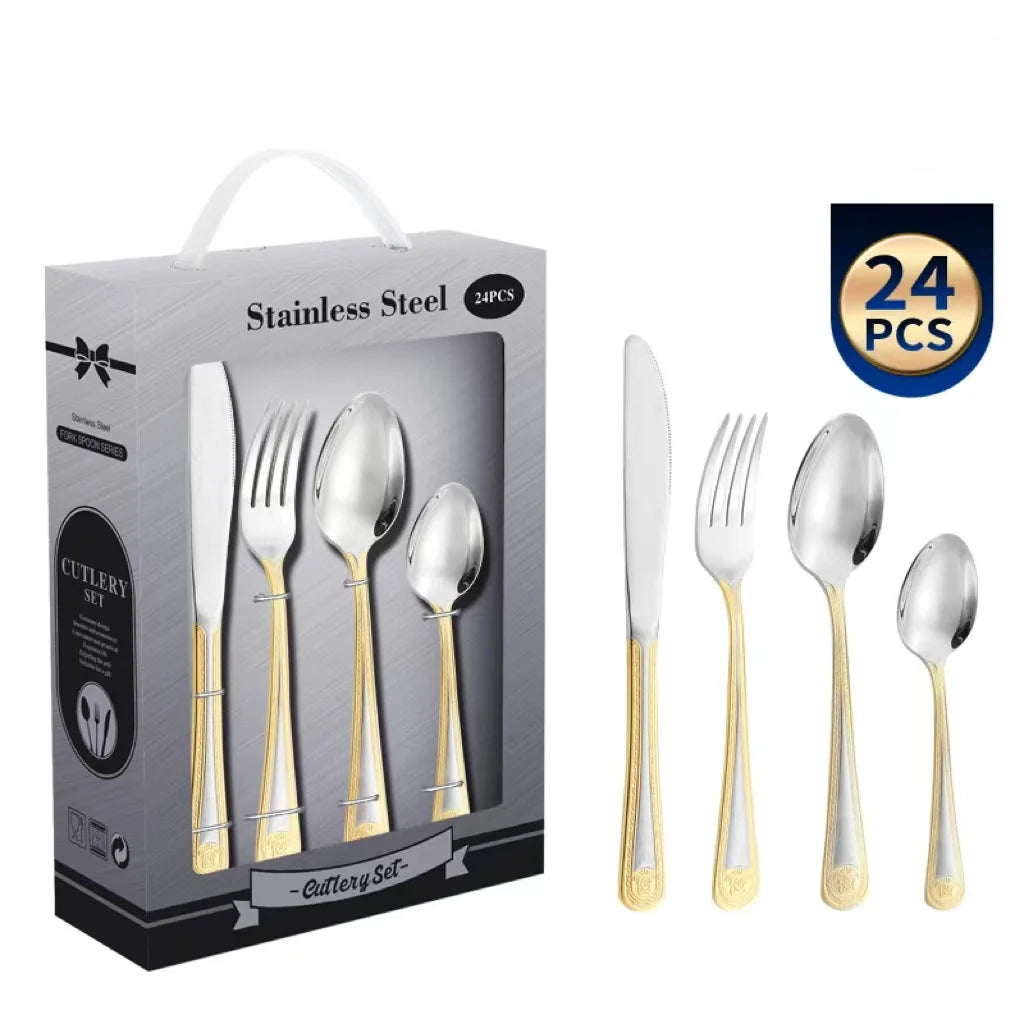 24Pcs Luxury Two Tone Stainless Steel Mirror Eco-Friendly Cutlery Set Gold Plated Handle Embossed Flatware Portable Gift Box