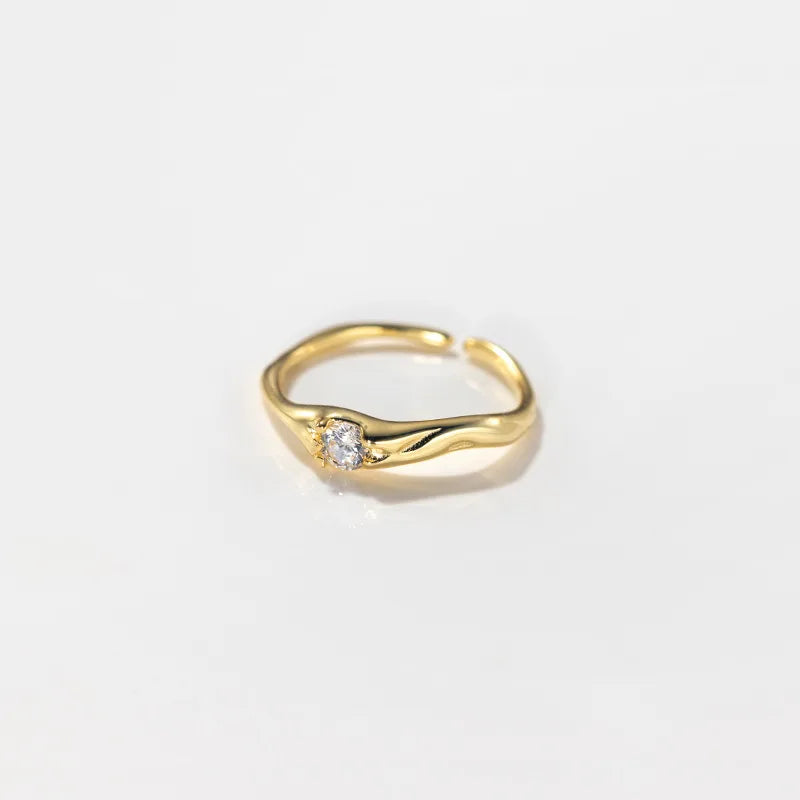Fine Summer Silver Jewelry 925 Sterling Silver Single Zircon Rings for Women 18K Gold Plated Irregular Wave Adjustable Rings