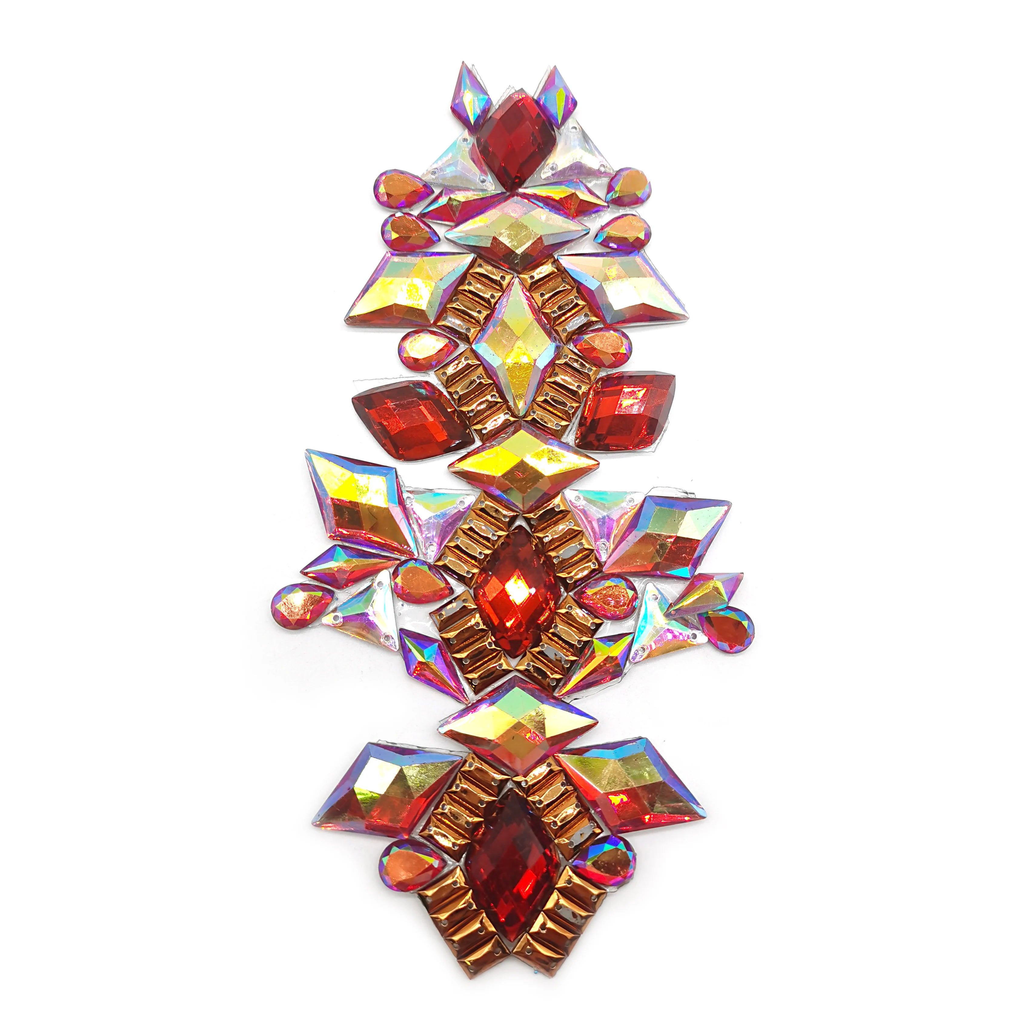 Wholesale Customized AB Iridescent Red Gem Iron-On Rhinestone Applique Patch for Carnival Costumes Handmade Resin Applique Patch