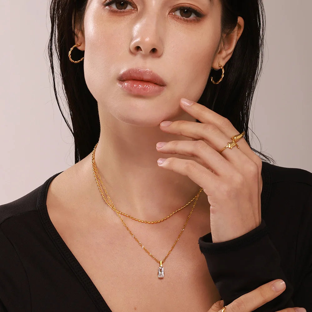 Rectangular Zirconia Rice Beads Multi Layers Collarbone Necklace Stainless Steel PVD Electroplated 18K Genuine Gold Necklace