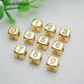18k Gold Plated 0-9 Digit Number CZ Setting Cube Shape 4.7mm Big Hole Metal Loose Beads for DIY Necklace Bracelet Making