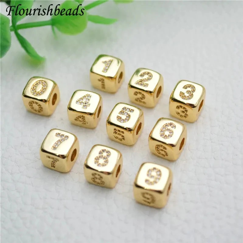 18k Gold Plated 0-9 Digit Number CZ Setting Cube Shape 4.7mm Big Hole Metal Loose Beads for DIY Necklace Bracelet Making