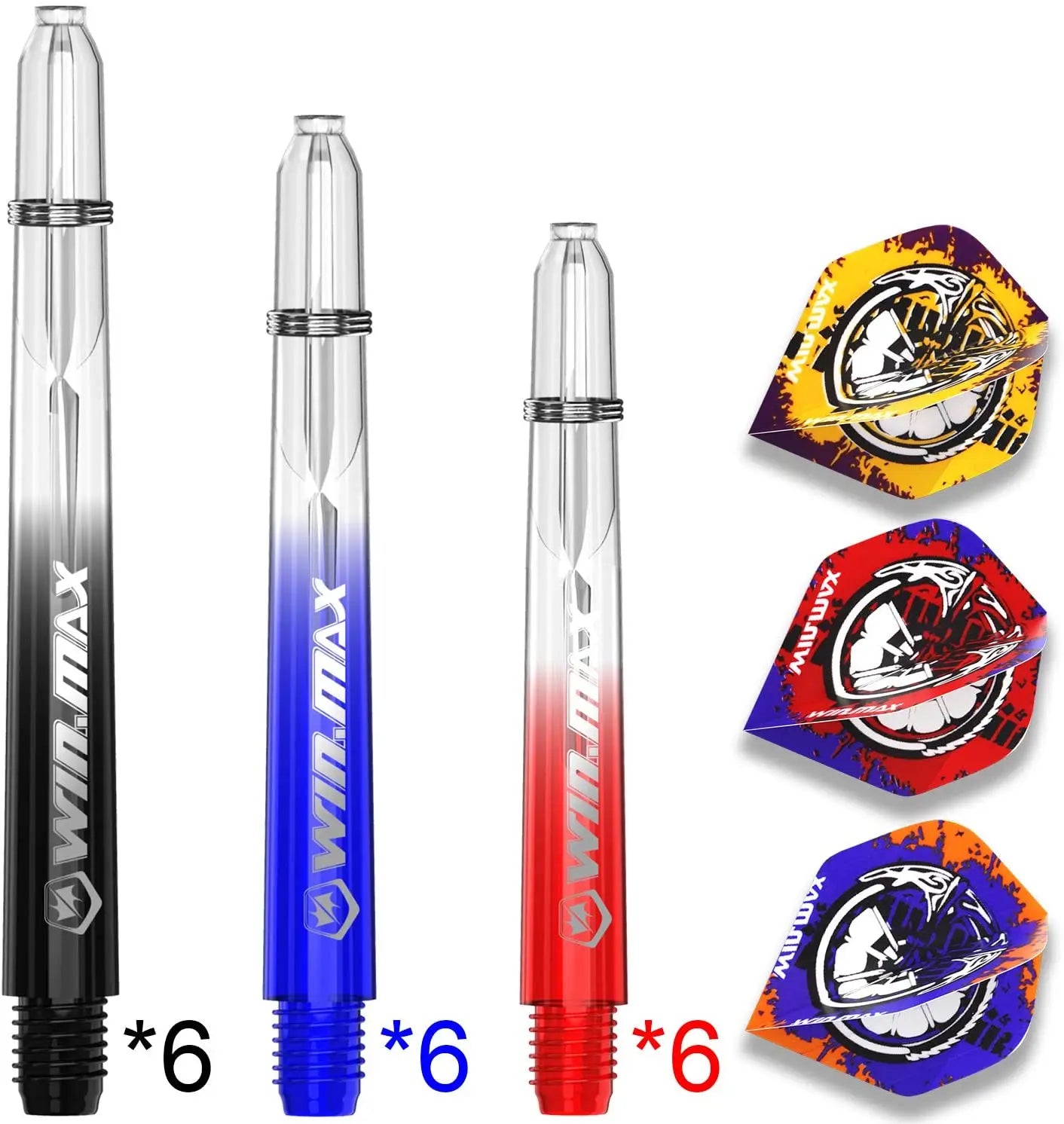 Win.Max WMG71546 Dart Shafts & Flights Set-18 Polycarbonate Stems with Spring Rings 9 Transparent Flights 48mm/41mm/35mm Length