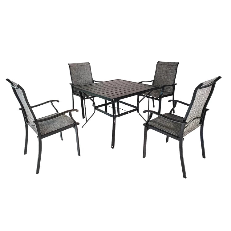 Modern Style 5pcs Steel Tube Garden Metal Square Table and Dining Chairs Set for Outdoor or Living Room Use