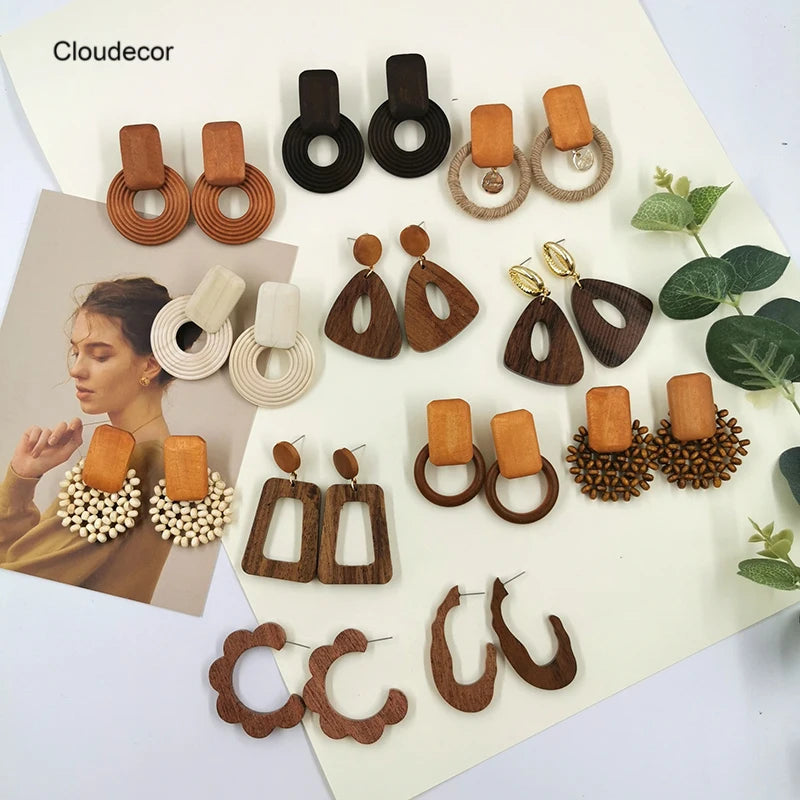 Boho Earrings Wood Simple Geometric Wooden Beads Hoop Earrings for Women Vintage Splicing Wholesale Blank Wood Earrings Jewelry