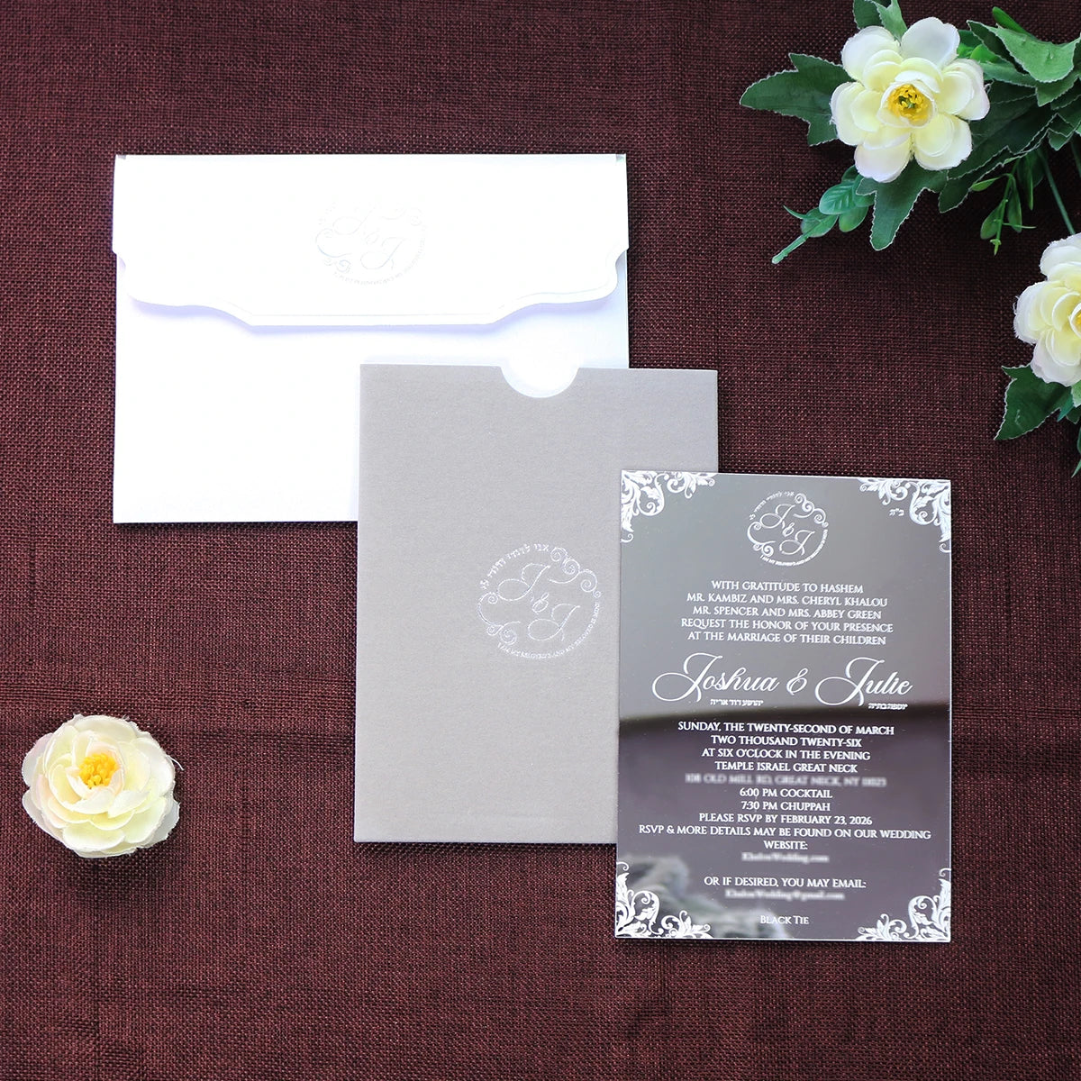 Silver Mirror Acrylic Wedding Invite White Foil Stamped Wedding Invitation with Velvet Pocket and Paper Envelope