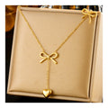 New Stainless Steel 18K Gold Long Tassel Bow Heart Pendant Chain Pearl Necklace Classic Jewelry for Women Gift