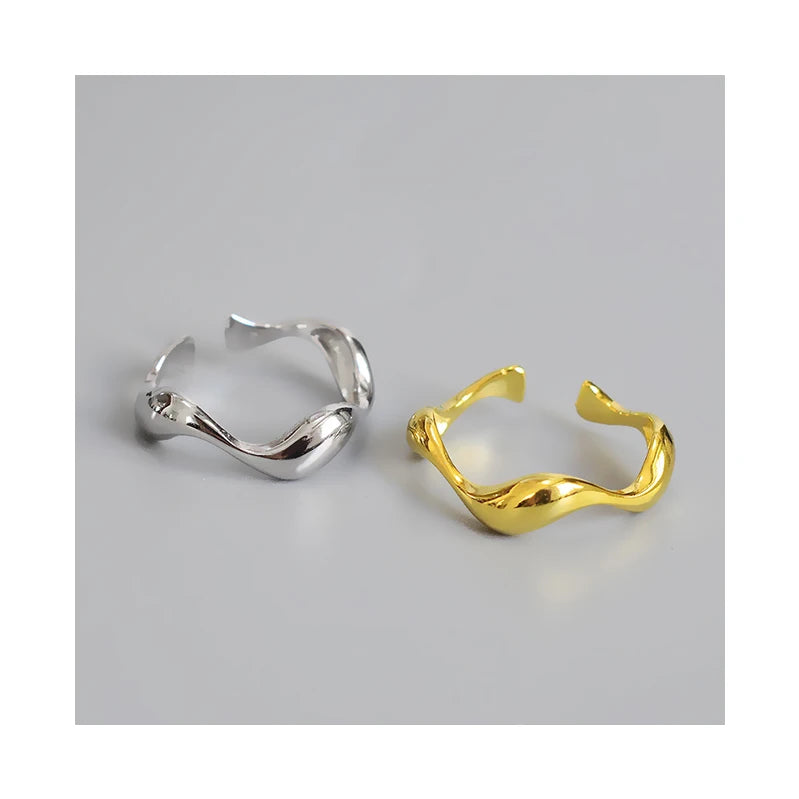 Fine Jewelry Minimalism 925 Sterling Silver Gold Plated Irregular Wave Shaped Open Adjustable Ring for Girl Party Gift