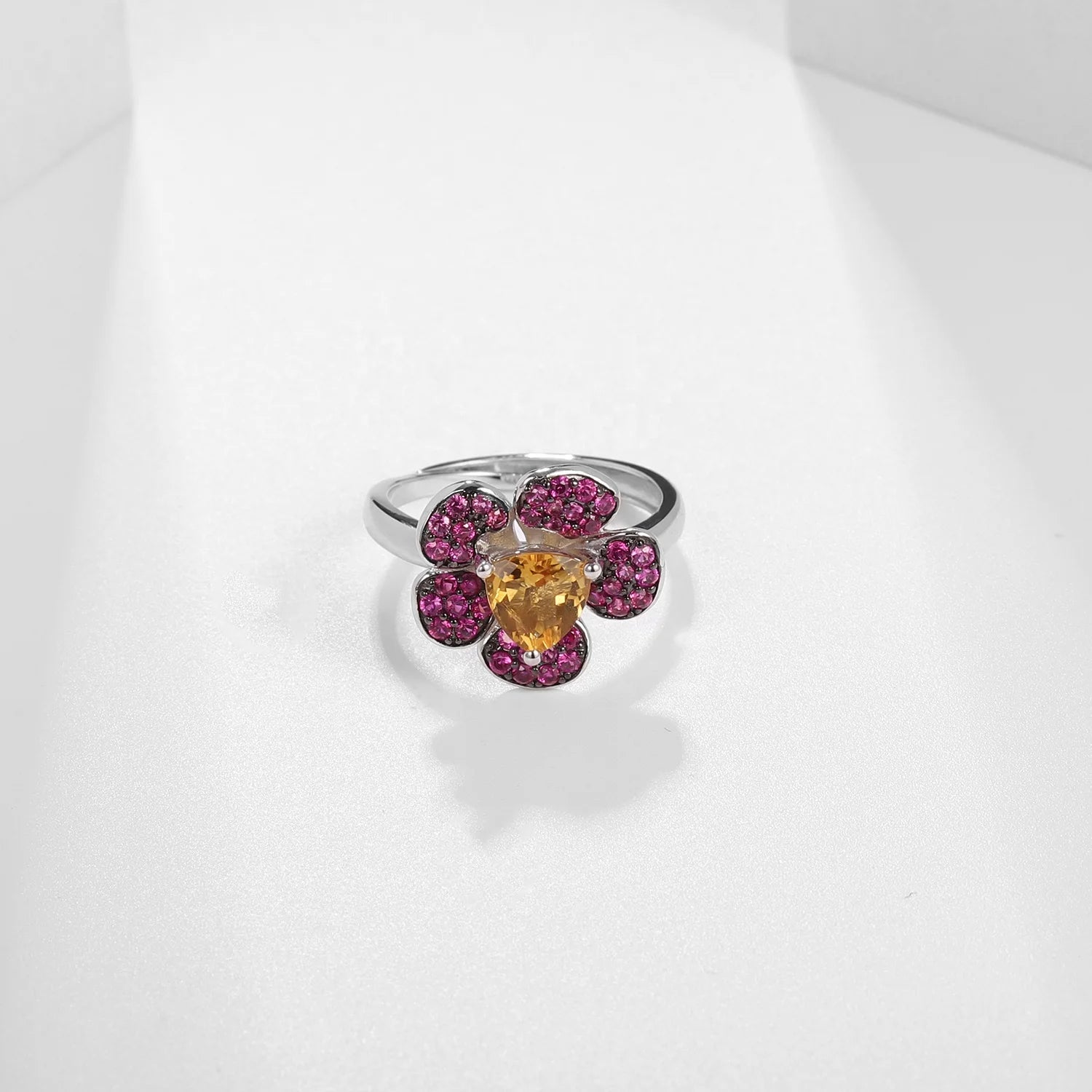 Abiding Botanic Rings Jewelry Women 925 Sterling Silver Natural Citrine Gemstone Flower Adjustable Rings