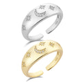FUAMAY S925 Silver Zircon Moon & Star Adjustable Engagement Anniversary Ring Bold Open Starburst