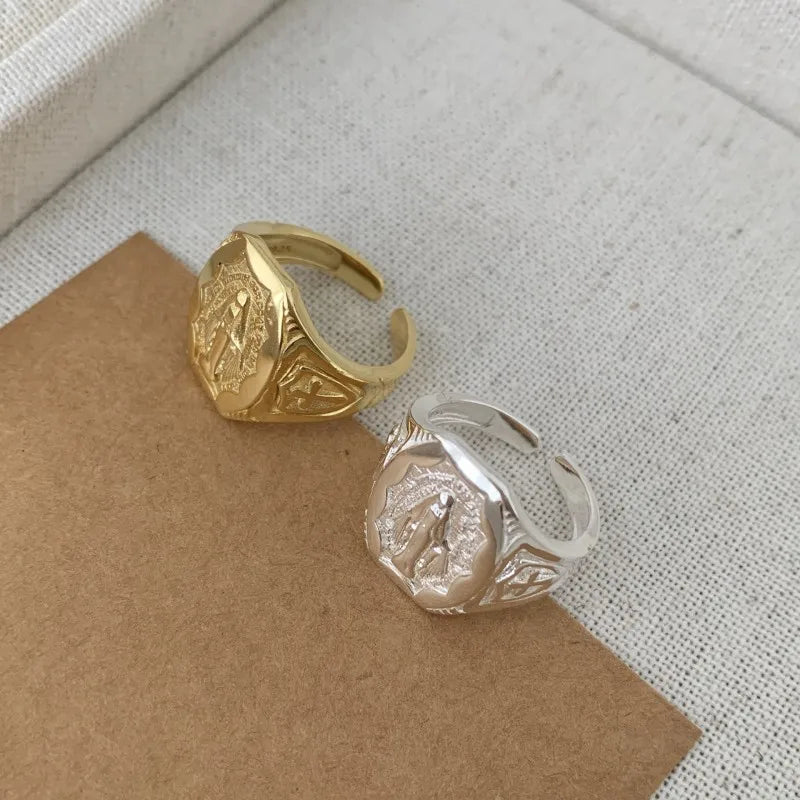 Vintage 925 Silver Virgin Maria Adjustable Ring Thai Silver Cross Jewelry for Women Girls
