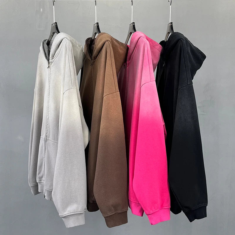 New Product Casual Cardigan Zip Washed Oversized Mens Hoodies Customized Spray Dye Double-end Zipper Men's Hoodies