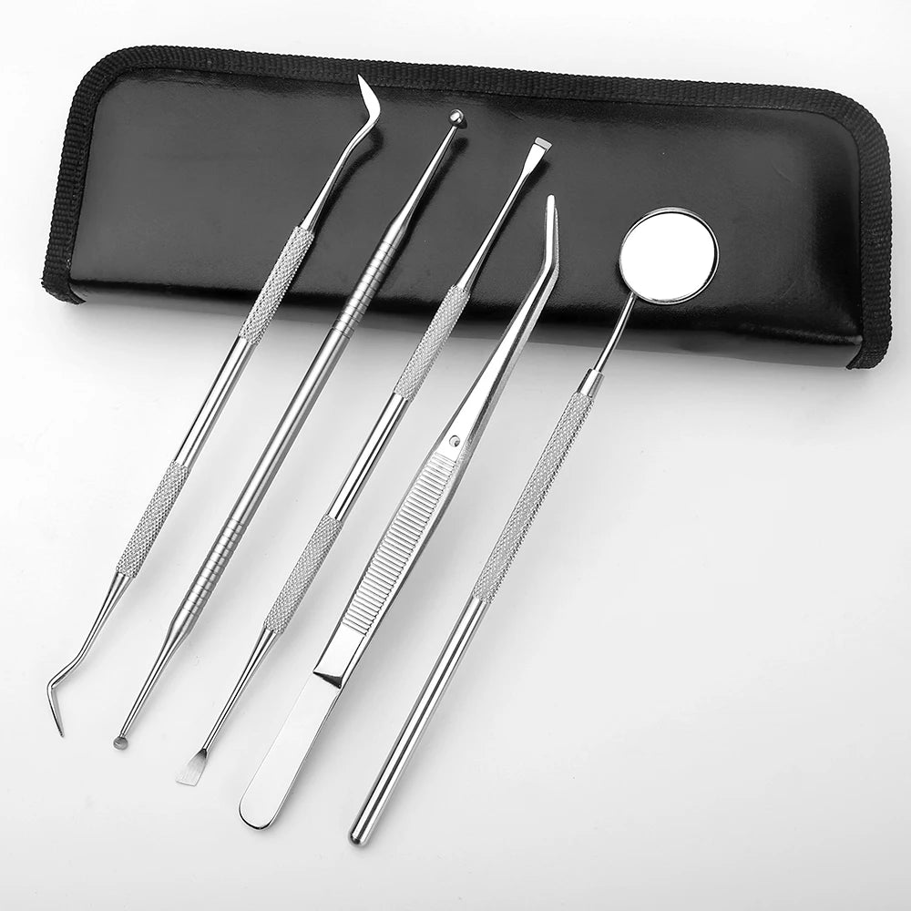Professional Teeth Cleaning Oral Care Hygiene Kit Portable Stainless Steel Dental Tools in Leather Bag