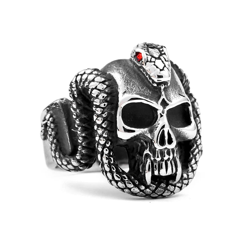 Non Tarnish Jewelry Direct Factor Men Wrapped Snake Skull rings with Red Stone